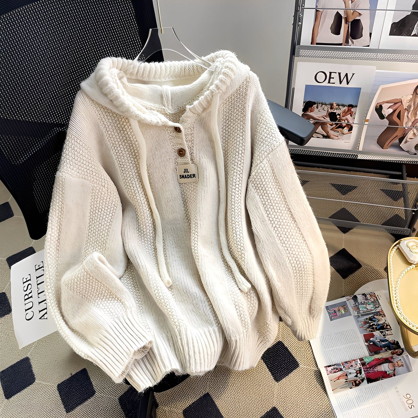 Haylee - Sweat ample en maille avec capuche et boutons pour femmes