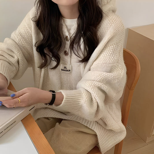 Haylee - Sweat ample en maille avec capuche et boutons pour femmes