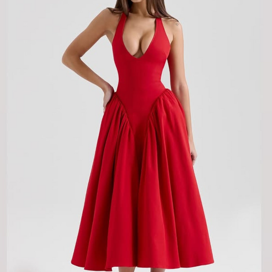 Robe Midi Évasée à Décolleté Plongeant