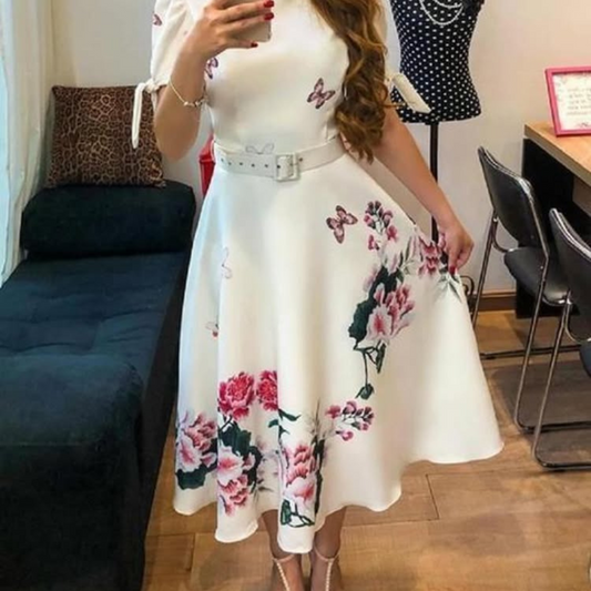 Robe Évasée Ceinturée à Motifs Floraux