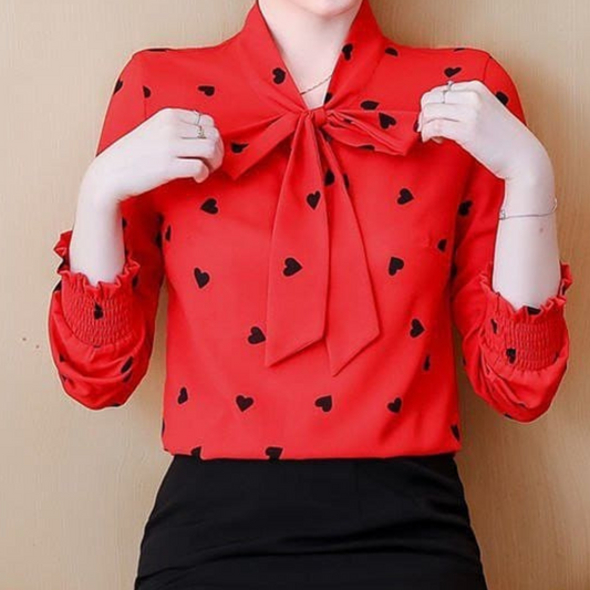 Blouse à Imprimé Cœurs avec Nœud au Cou