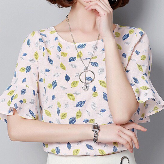 Blouse à Imprimé Feuilles et Manches Volantées